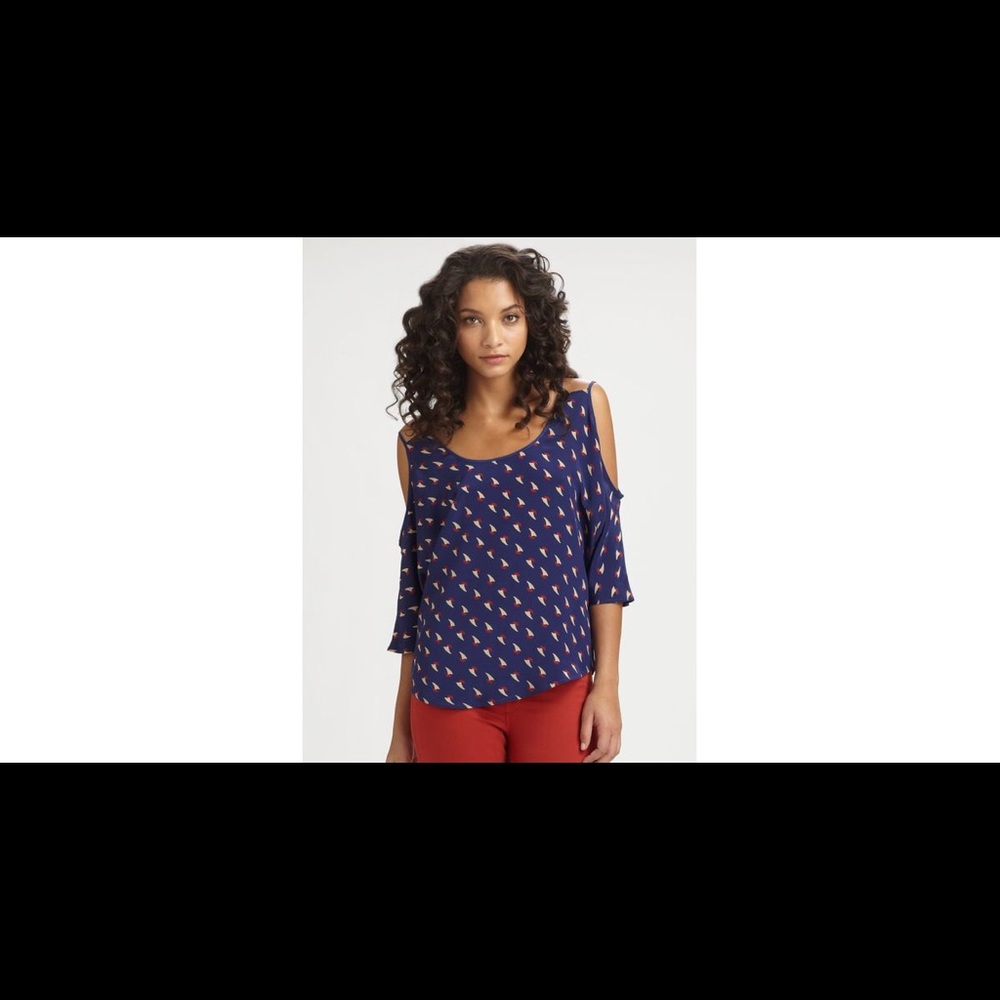 Beyond Vintage - Cold Shoulder Silk Top (Blue)